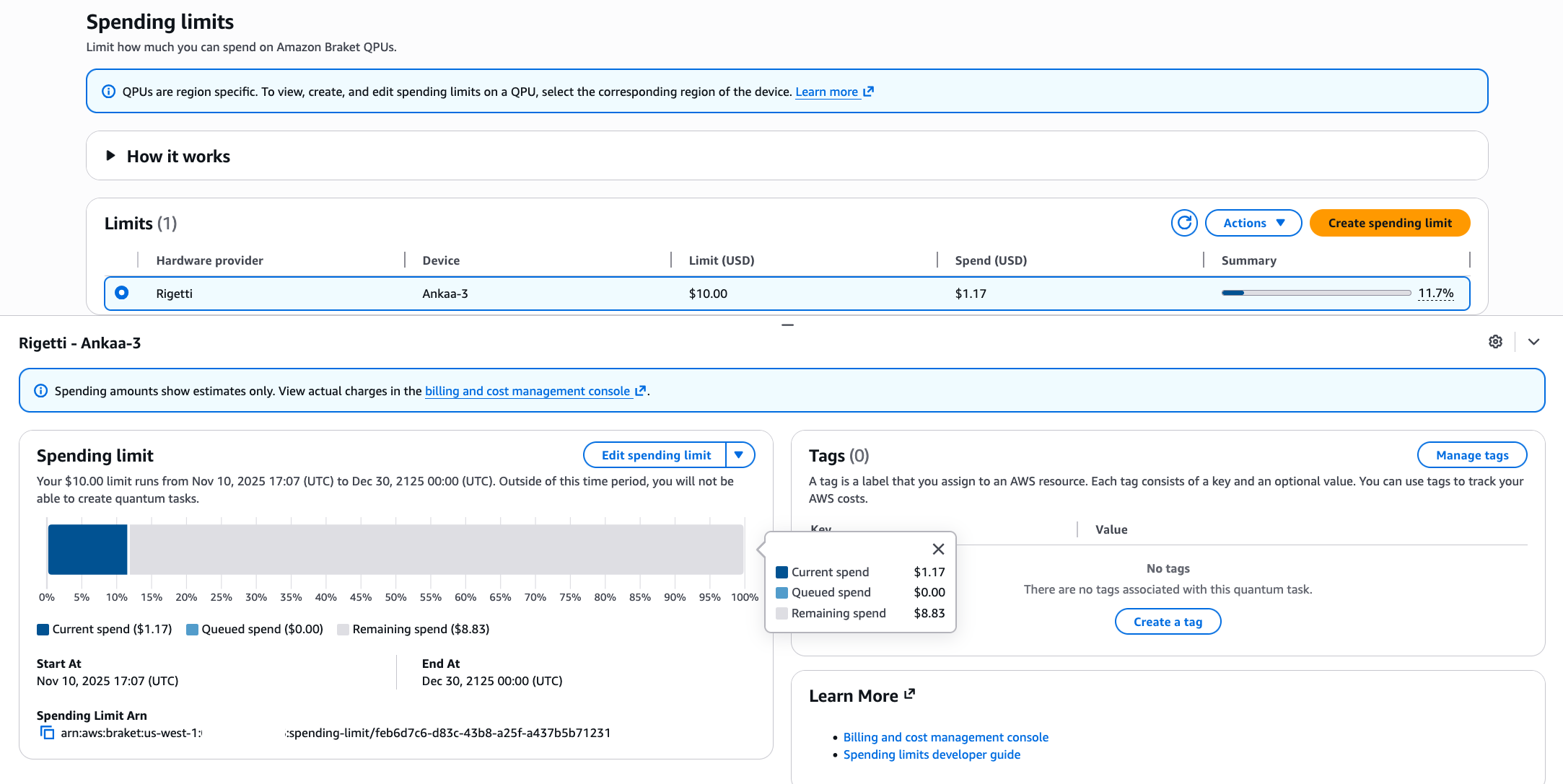 Figure 1: Braket console’s spending limits dashboard showing the configured limit, current spending, and available spending limit for a selected device