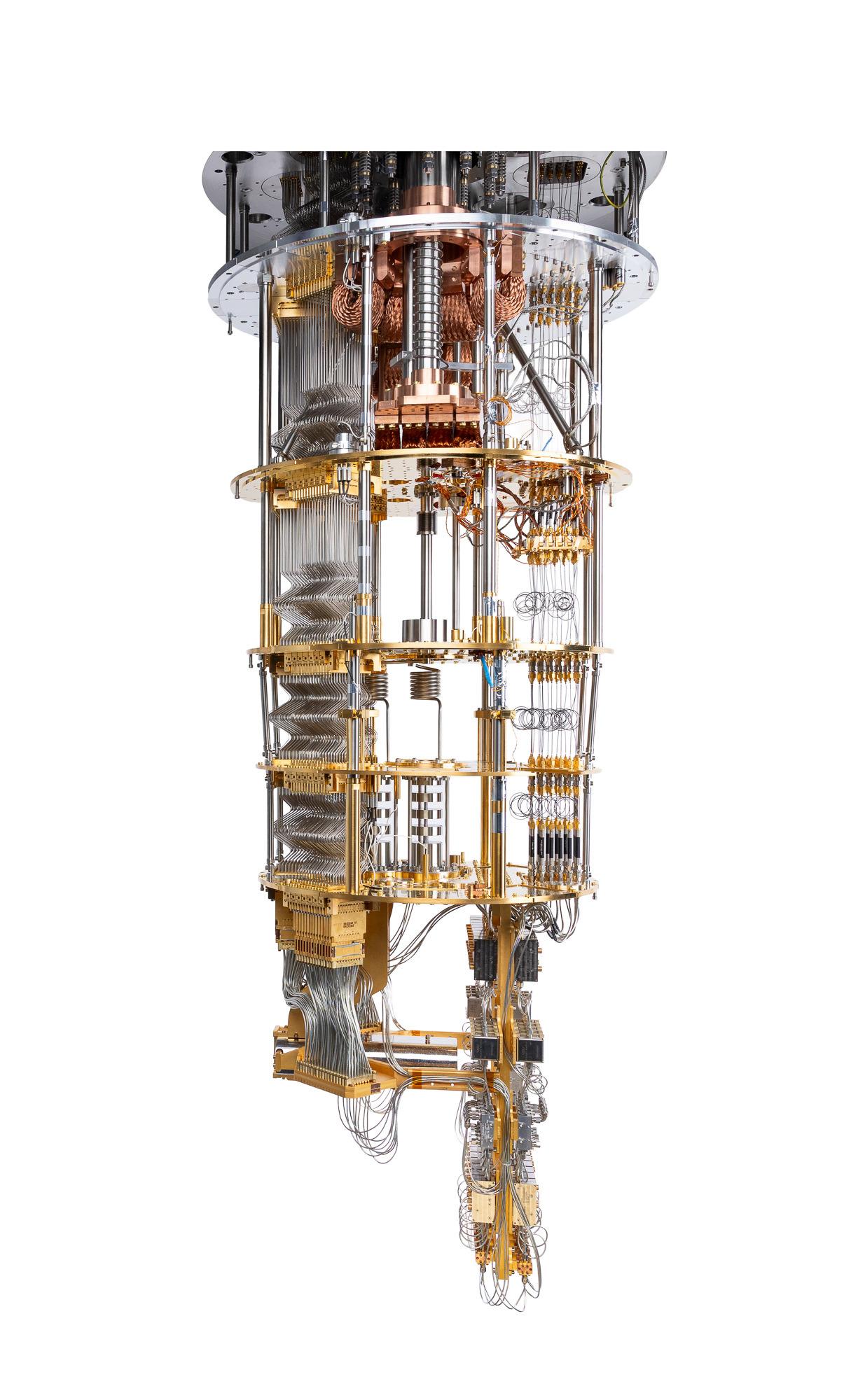 Figure 1: A Rigetti quantum processing unit (QPU) inside a dilution refrigerator. Photo by Drew Bird.