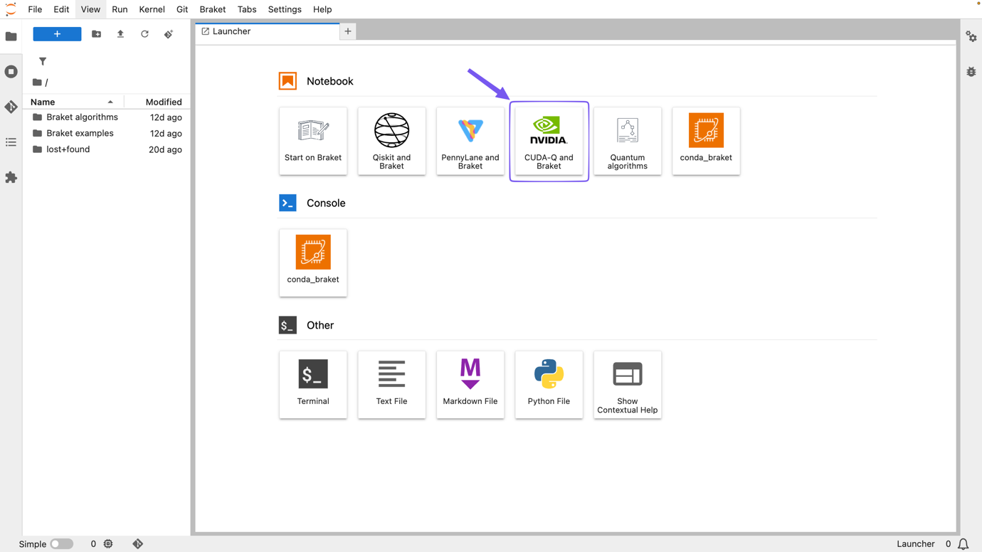 Figure 1: “CUDA-Q and Braket” icon in a Braket notebook instance opens the CUDA-Q examples repository