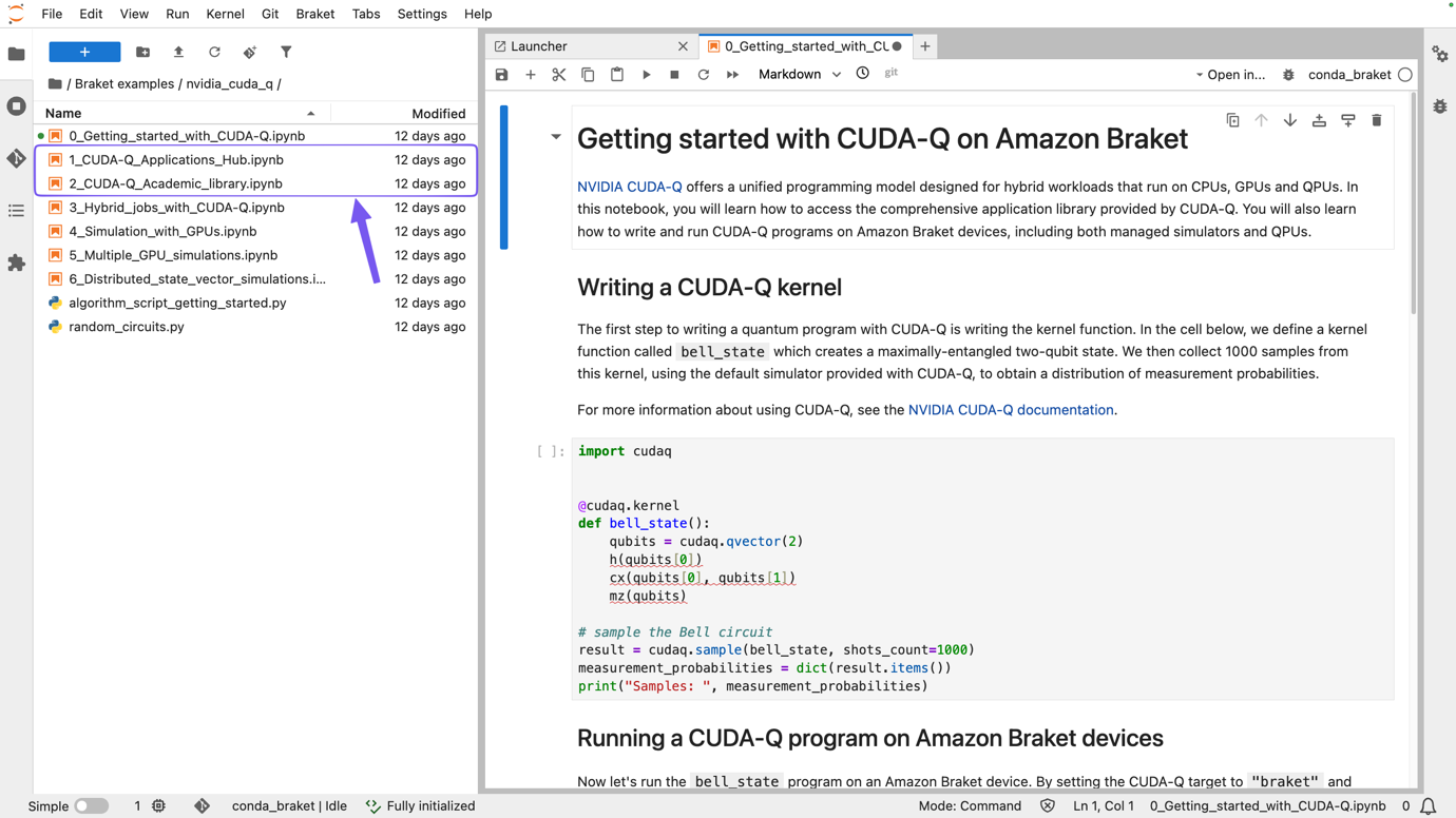 Figure 2: Launch notebooks in a Braket notebook instance for CUDA-Q Applications Hub and CUDA-Q Academic Hub