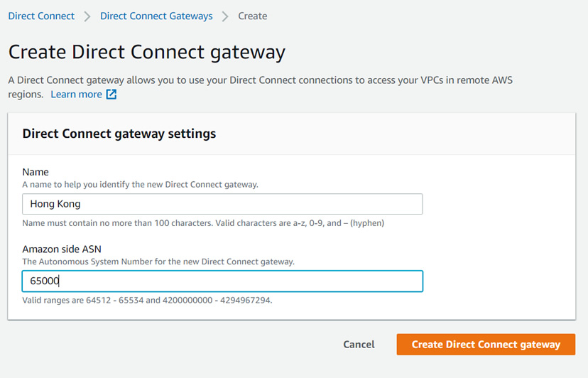 Create Direct Connect Gateway by providing a name and AS number.