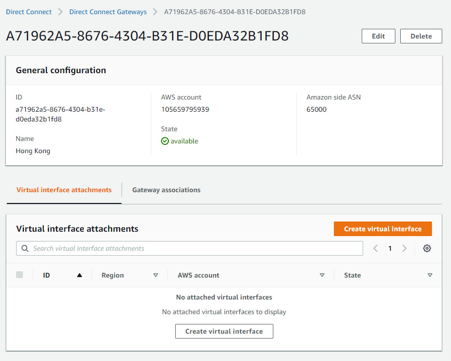 First create a virtual interface attachment for Direct Connect Gateway