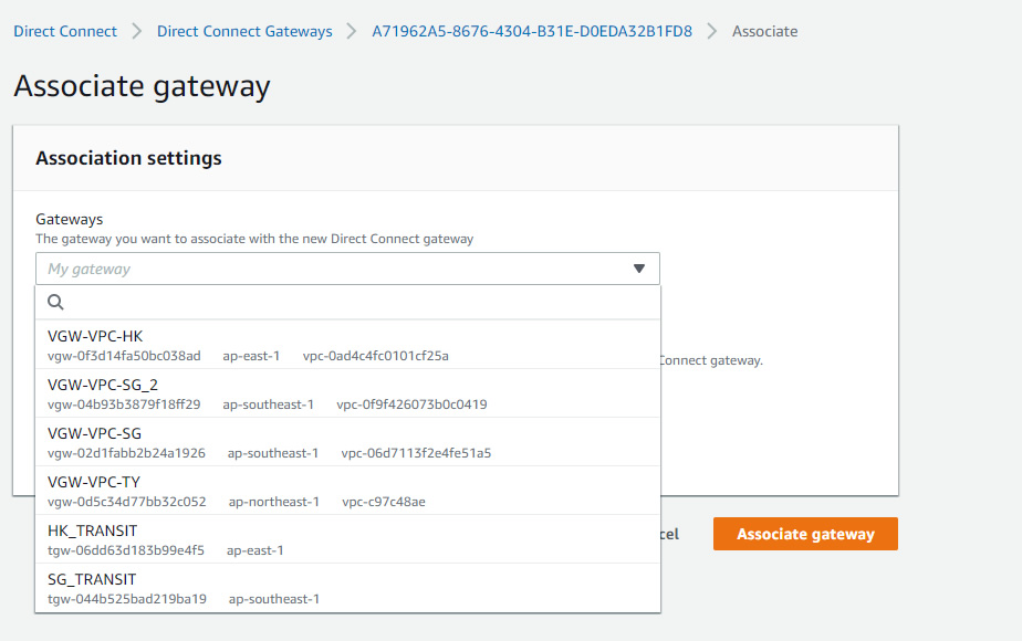Select the Virtual Private Gateway of your designated Region.