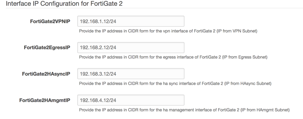 Example values for the passive Fortigate settings in CloudFormation prompt. Parameters are similar to Active one