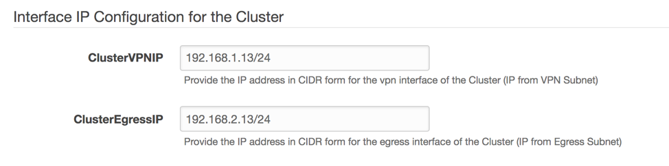 Example values for the Fortigate cluster settings in CloudFormation prompt. Parameters include ClusterVPNIP and ClusterEgressIP