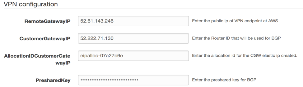 Example values in CloudFormation VPN Settings section. Parameters include Remote gateway IP , Customer gateway IP, AllocationIDCustomerGatewayIP and Preshared key