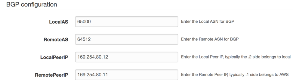 Example values for BGP settings in CloudFormation template. Parameters include LocalAS, RemoteAS, LocalPeerIP and RemotePeerIP