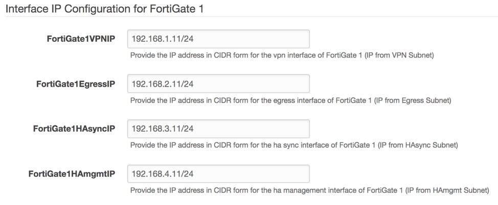 Example values for the active Fortigate settings in CloudFormation prompt. Parameters include Fortigate1 VPNIP, EgressIP, HAsyncIP, HAMgmtIP