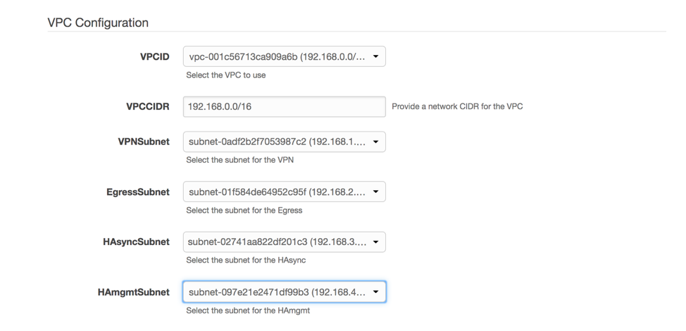 Example values for VPC settings in CloudFormation prompt. The parameters include VPCCIDR, VPNSubnet, EgressSubnet, HASyncSubnet and HAMgmtSubnet