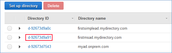 screenshot of AWS directory services management console with a list of directory ids and directory names