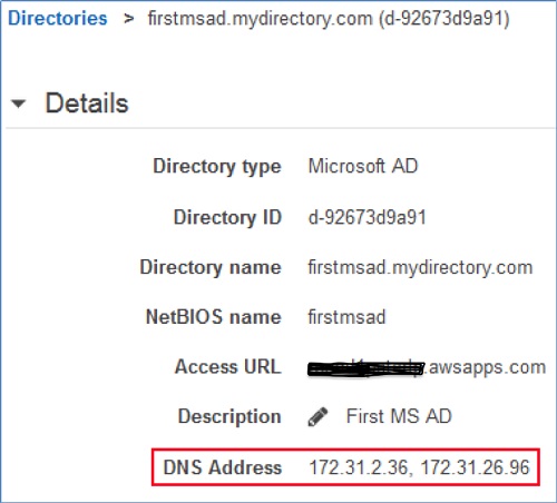 aws directories console with details on the selected directory D N S address is highlighted