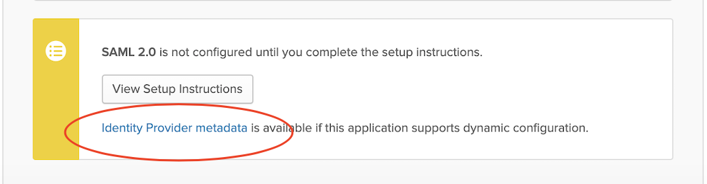 Okta console UI with link to identity provider metadata circled