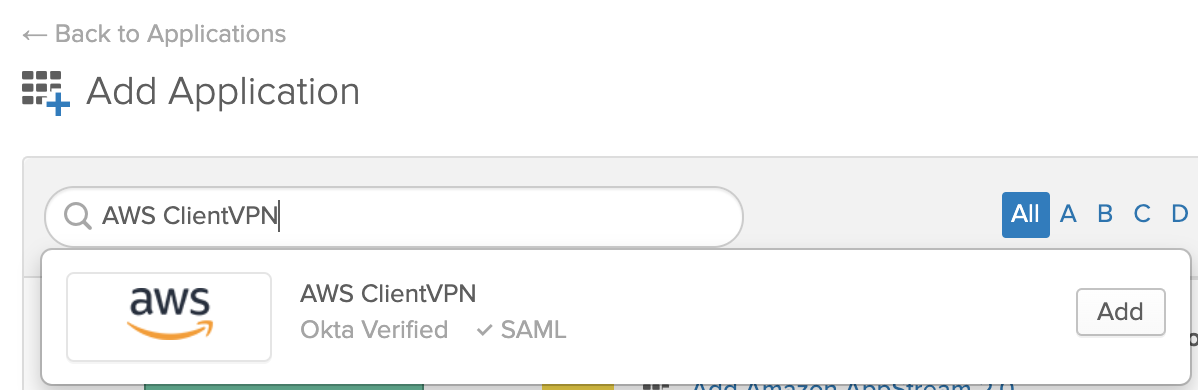 Okta console UI with AWX client vpn entered into search box