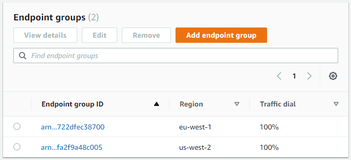 Accelerator with endpoint groups in US-WEST-2 and EU-WEST-1 regions