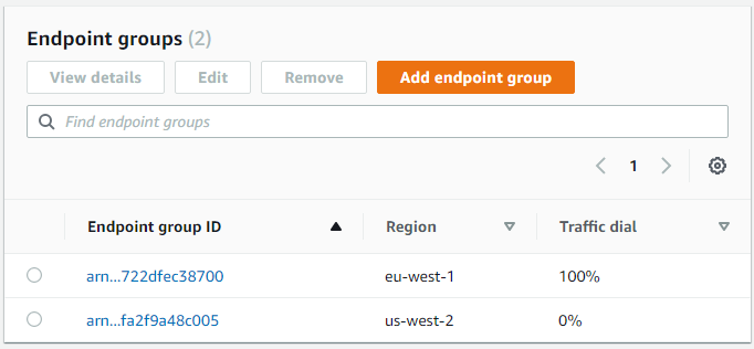 Accelerator with endpoint groups in EU-WEST-1 and US-WEST-2 having 100% and 0% as traffic dials