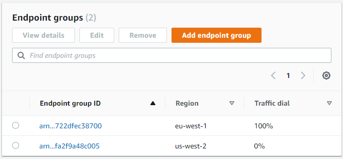 Accelerator with endpoint groups in EU-WEST-1 and US-WEST-2 having 100% and 0% as traffic dials 