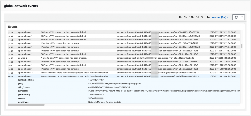 Figure 11: Example of events detected by AWS Transit Gateway Network Manager