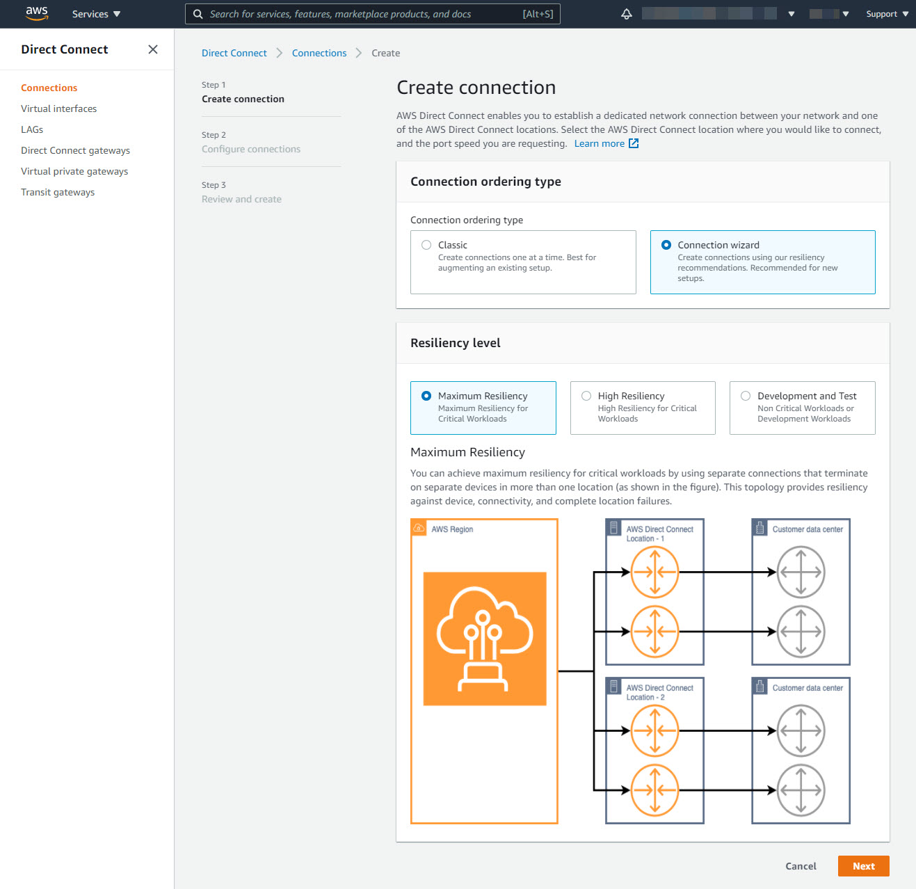 Direct connect console with maximum minimum and dev test resiliency options