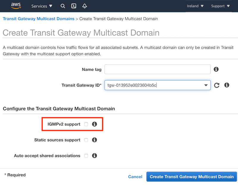 Screenshot of the AWS Transit Gateway console highlighting the IGMPv2 support checkbox