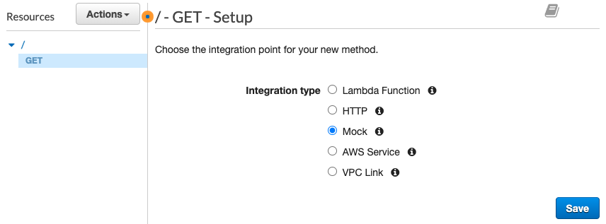 Mock option is selected for GET method in API Gateway Setup configuration