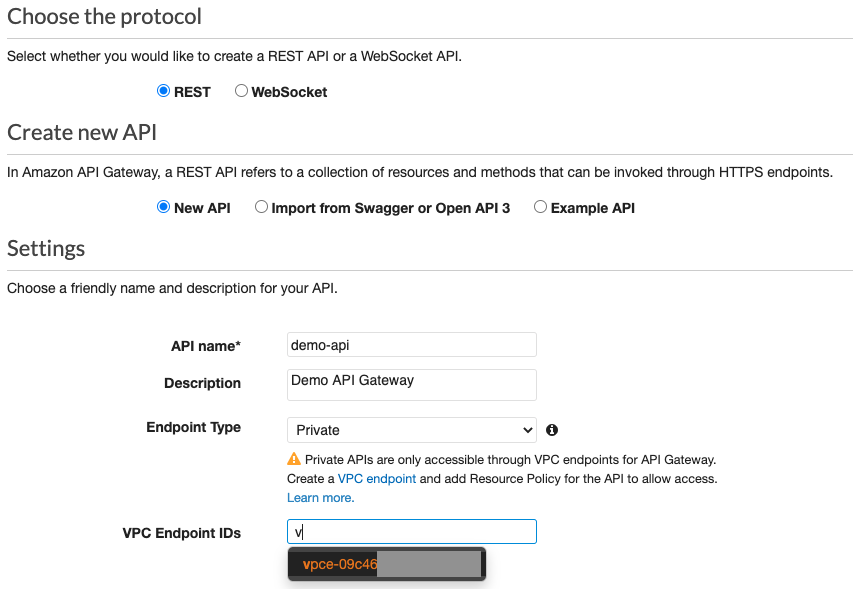 Specifying VPC Endpoint IDs under Settings of a Private API Gateway Endpoint