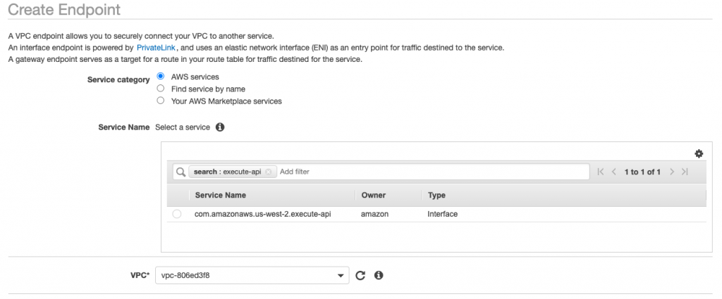 Choosing execute.api option in AWS Services category while creating a VPC endpoint