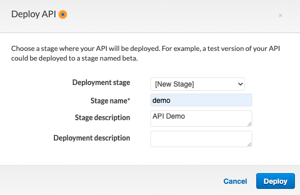 API Gateway ‘demo’ stage is specified for an API Gateway deployment