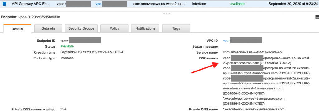 NS names are listed under Details tab of an API Gateway VPC Endpoint