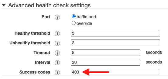 Success code is set to 403 in advanced health check settings; other parameters are set to default values