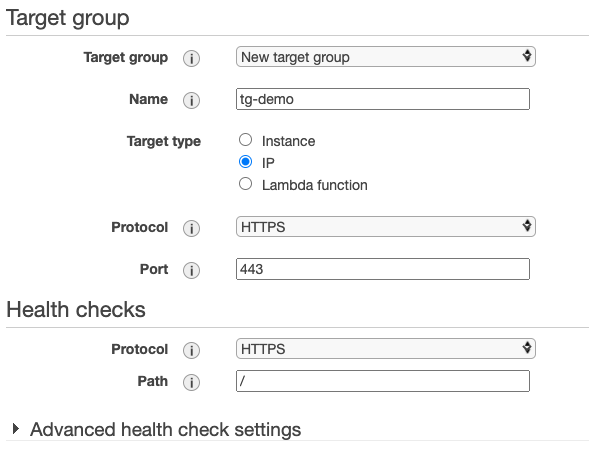 An IP Target group with default Protocol, Port, and Protocol version parameters is created