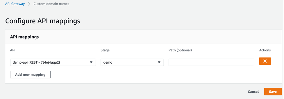 ‘demo-api’ is mapped to the ‘demo’ stage in custom domain names configuration of the API Gateway