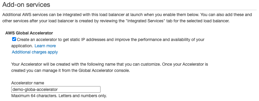 ‘Create an accelerator’ option is selected under AWS Global Accelerator add-on service of an ALB