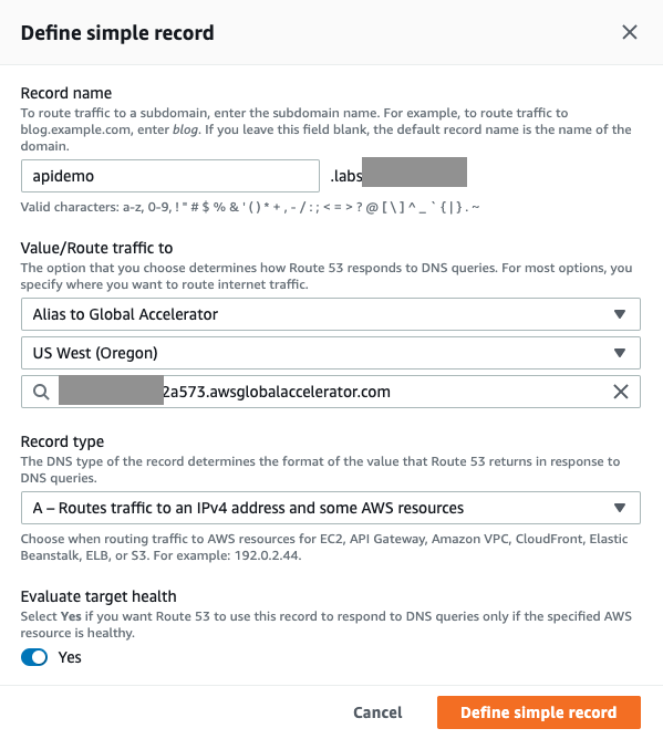 A new subdomain is created as an Alias record to Global Accelerator; A-type record is selected