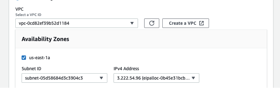 VPC, Subnet and EIP configuration screenshot. 