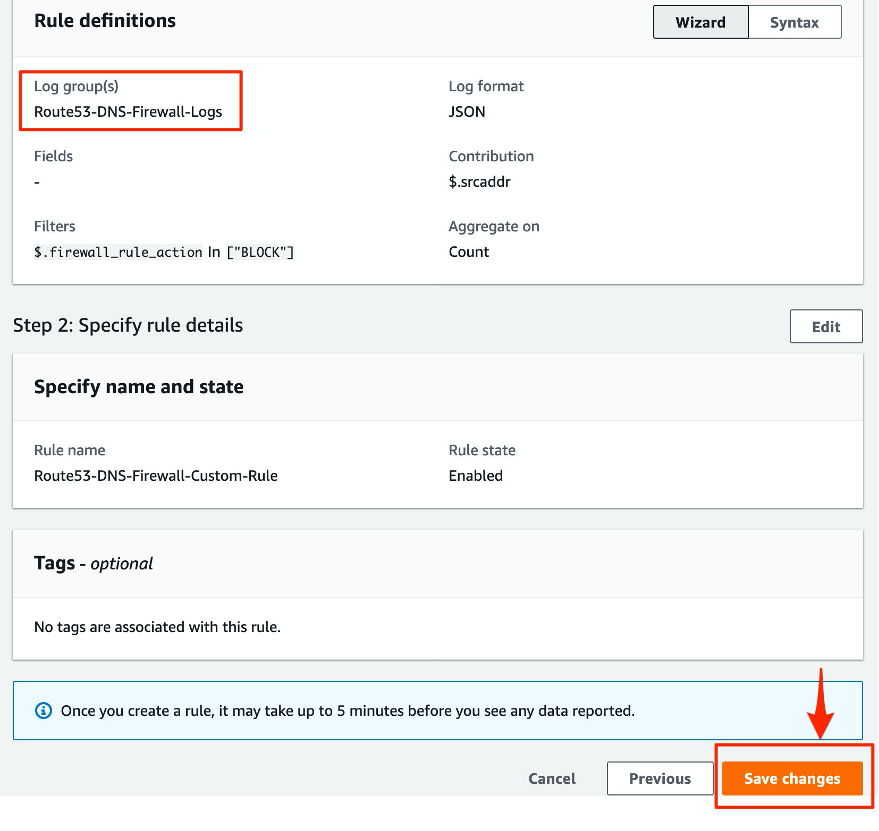 Image showing CloudWatch Contributor DNS Firewall Sample Rule configuration options