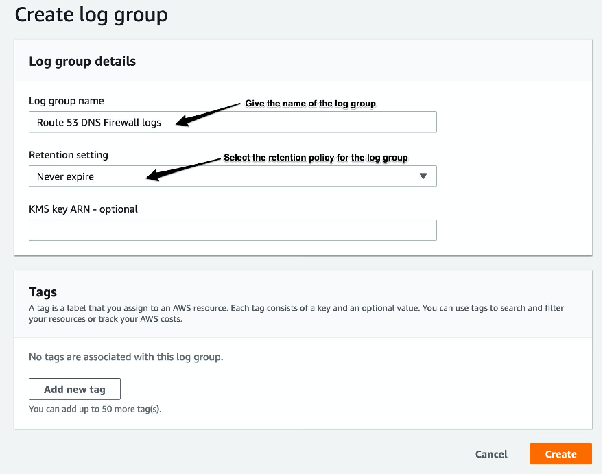 Image showing creating CloudWatch Log group