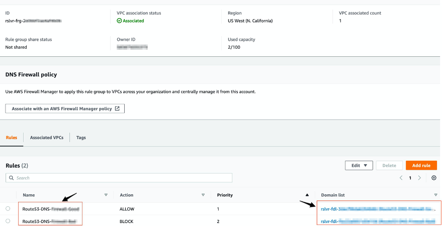 Image showing Route 53 DNS Firewall policy and corresponding rules