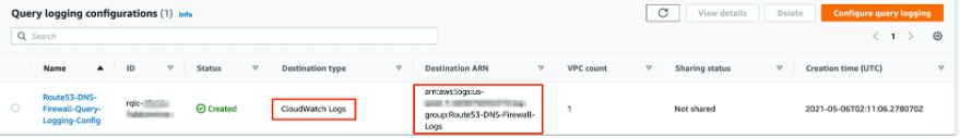 Image showing Route 53 DNS Firewall query logging details