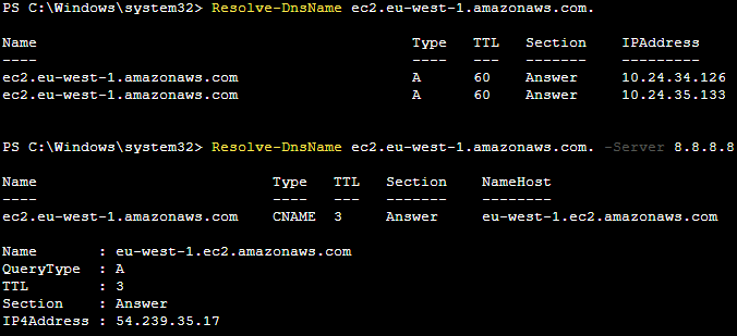 Figure 1: A DNS query showing a response containing a local VPC IP address.