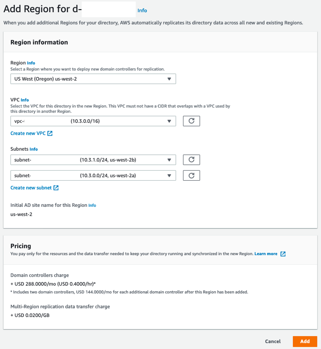 A screenshot showing how to add a Region to AWS Managed Microsoft AD