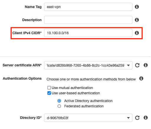 A screenshot showing CIDR selection when creating a Client VPN Endpoint