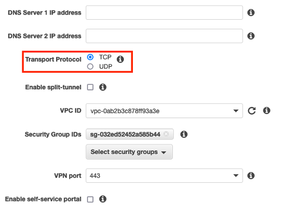 A screenshot showing transport protocol selection when creating a Client VPN endpoint