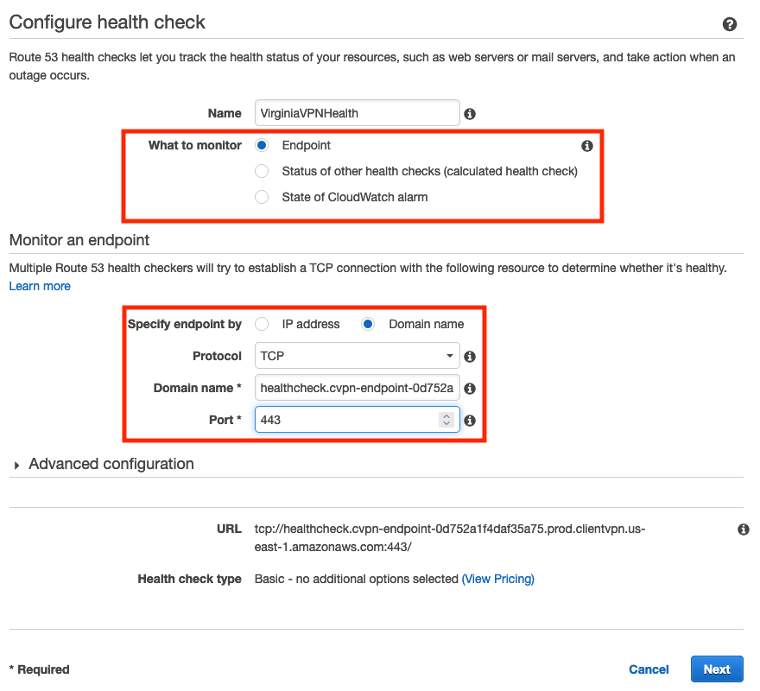 A screenshot showing the creation of a Route 53 health check