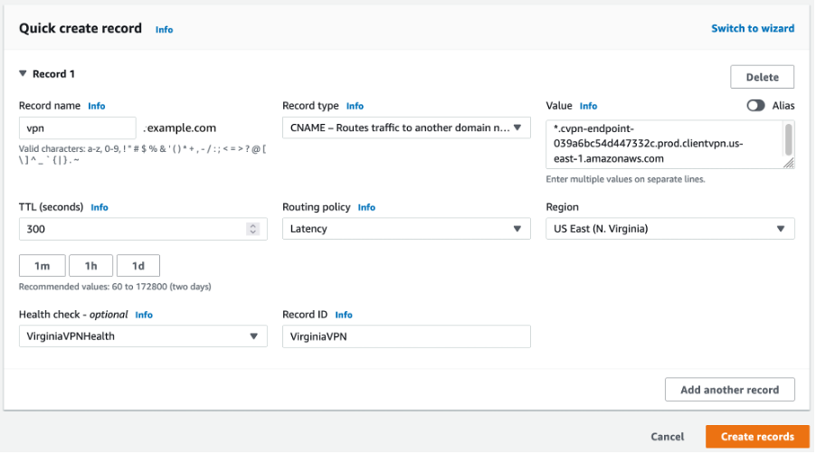 A screenshot showing the creation of a CNAME record in Route 53