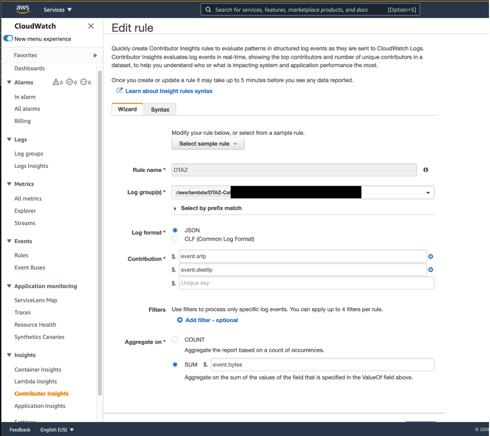 A Contributor Insight rule to evaluate data transfer between AZs based on CloudWatch Log group