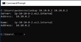 Windows command prompt confirming connectivity to private DNS within the VPC