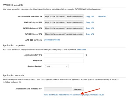 AWS SSO Configuration page with fields to set metadata and application properties