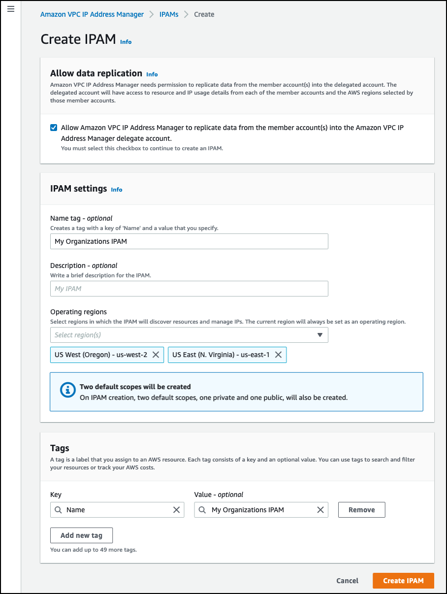 Entering the required information to create a new IPAM.