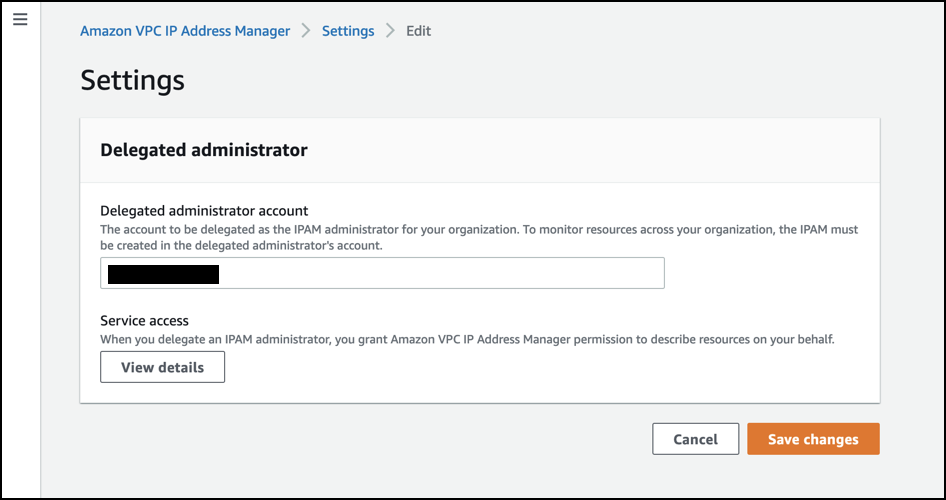 Entering the delegated administrator account in IPAM settings