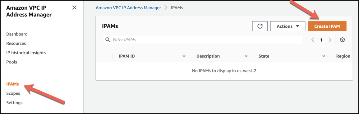 Navigating the IPAMs page create a new IPAM